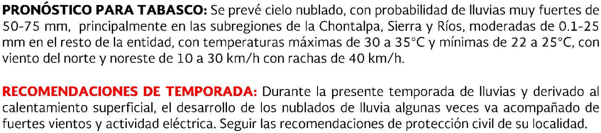 ProcivilTabasco's tweet photo. Pronóstico para Tabasco: 22 de Septiembre de 2015
Fuente: CONAGUA http://t.co/iaMa68CbPf