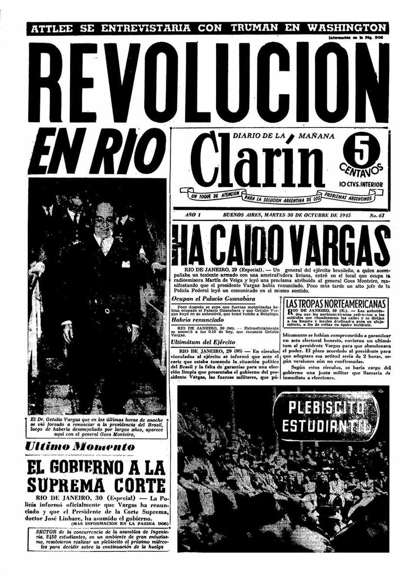 70Octubres's tweet photo. [TAPA] #Clarín: Revolución en Río / Ha caído Vargas #1945 https://t.co/hfz0C5zcwP