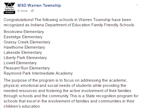 msdwarren's tweet photo. Congrats! Warren Township had 9 schools recognized as IN Depart of Ed Family Friendly Schools.#WayToGoWarren http://t.co/lr2ApGszxU