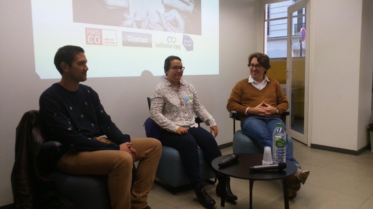 Thibaux's tweet photo. 3 start-upers présentent leur plate-forme d'écriture collaborative #draftquest #infiniterpg #textaz http://t.co/eVsUHfeKja