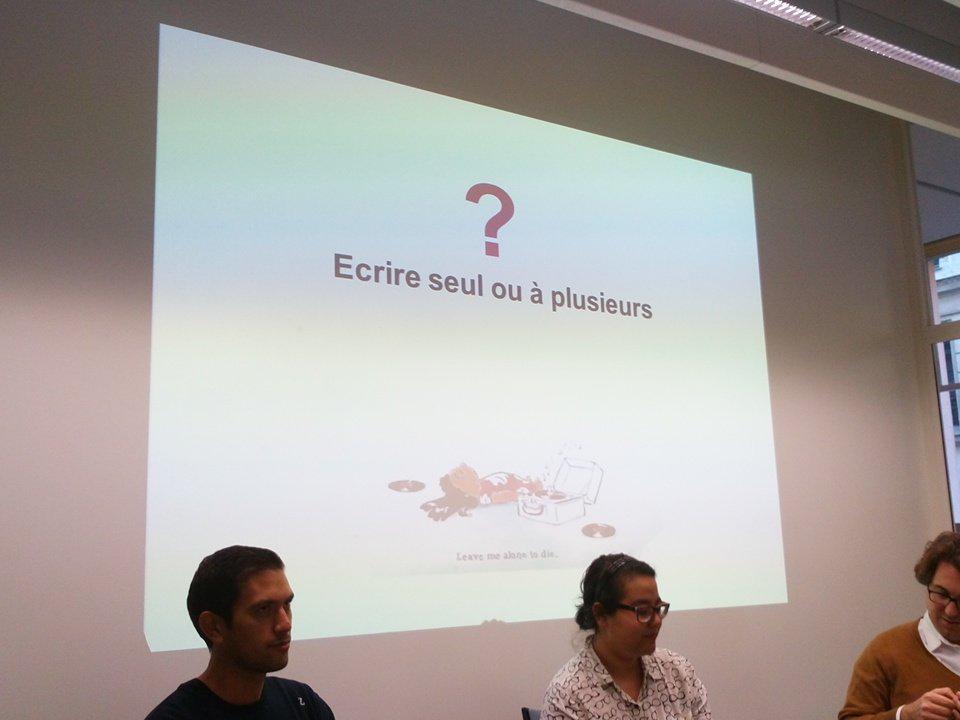 Thibaux's tweet photo. 3 start-upers présentent leur plate-forme d'écriture collaborative #draftquest #infiniterpg #textaz http://t.co/eVsUHfeKja