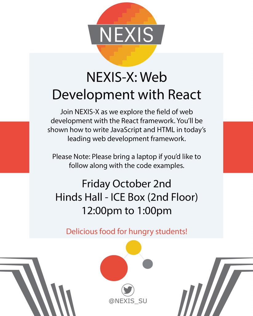 NEXIS_SU's tweet photo. @NEXIS_SU is proud to announce its first #NEXISX this semester, next Friday at 12 in the @iSchoolSU with @ceskavich! http://t.co/ipnFZqwWiI
