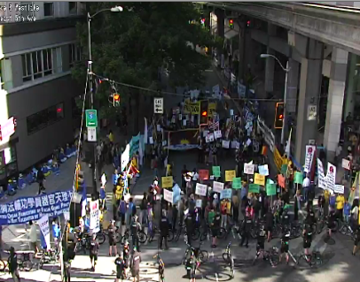 seattledot's tweet image. Seeing protests at 5th &amp;amp; Olive. Use caution &amp;amp; expect delays in the area