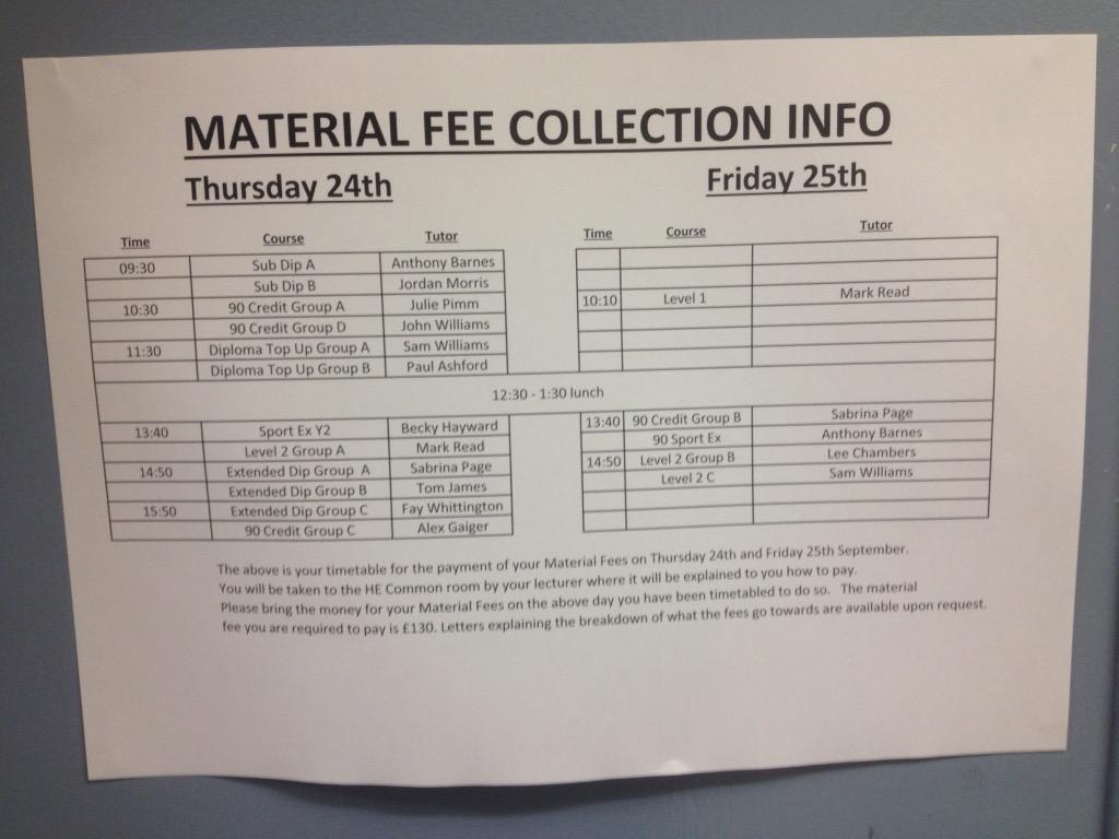 PaulAshford3's tweet photo. Materials fees due. Make sure you know your allocated slot. http://t.co/PVJvPGFDmA