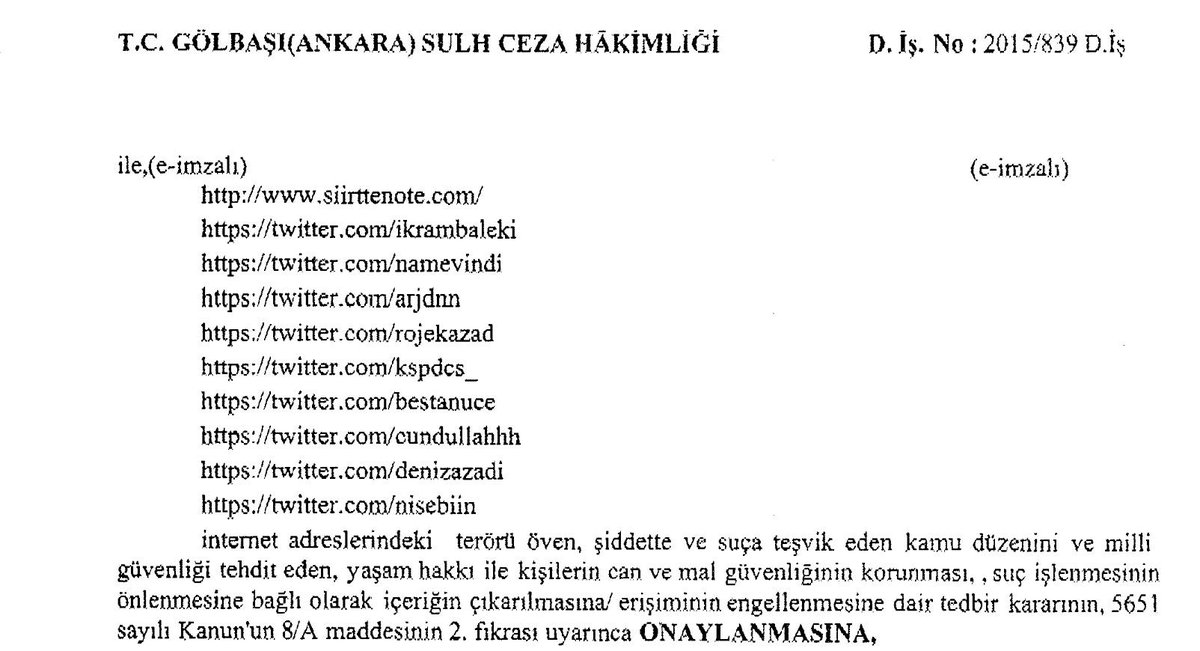 cyberrights's tweet photo. Gölbaşı S.C.H'nin 839 sayılı kararı ile 9 Twitter hesabına daha erişim engellenmiş @ikrambaleki @ArjDnn @RojekAzad http://t.co/RCIZpTo2xN