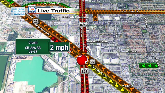 Crash on SR-826 SB at US-27. Speeds at 2mph #traffic #miami @JeniseFernandez http://t.co/hmufQAqoyg