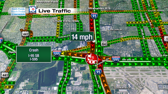 Crash on I-95 SB at I-595. Speeds at 14mph #traffic #ftlauderdale @JeniseFernandez http://t.co/cn2qF4WPcA