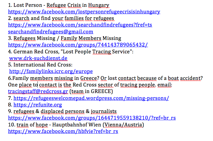 Links for finding lost #refugee relatives and friends #saferoutes4refugees #trainofhope #marchofhope #greece #hungary