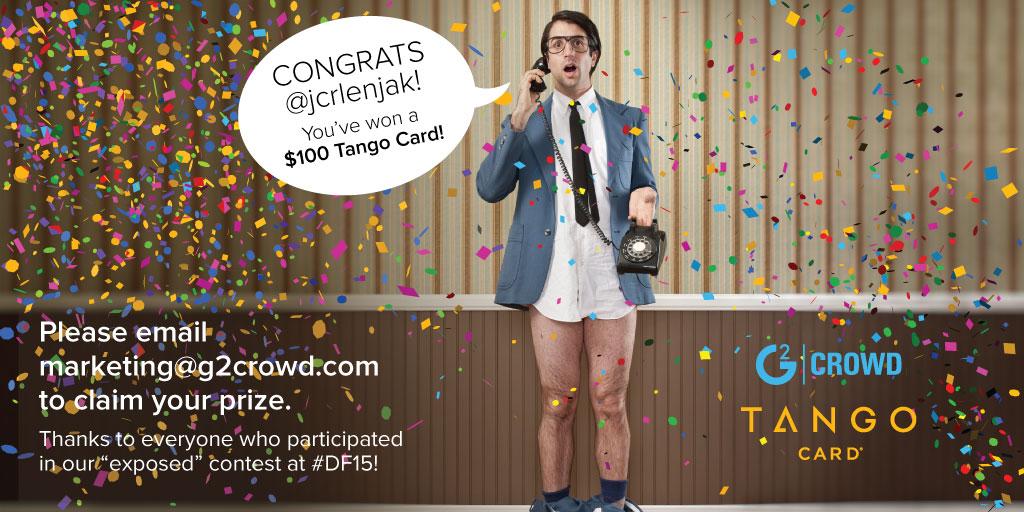 G2dotcom's tweet photo. Congratulations, Jessica @jcrlenjak! You’ve won a $100 e-gift card from @TangoCard & G2Crowd! #df15 #g2df http://t.co/PPcUdMEFwt