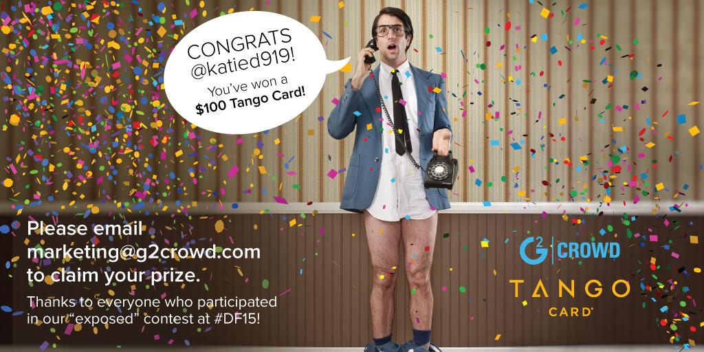 G2dotcom's tweet photo. Congratulations, @katied919! You’ve won a $100 e-gift card from @TangoCard & G2Crowd! #df15 #g2df http://t.co/0RvrsKvNfu