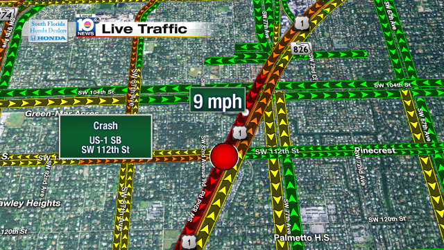 Crash on US-1 SB at SW 112th St. Speeds at 9mph #traffic #miami @JeniseFernandez http://t.co/585CfZC285