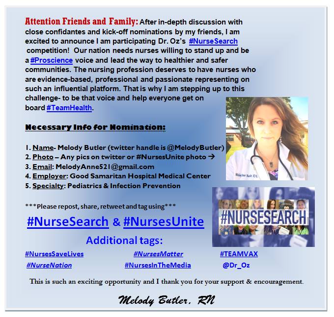 lizditz's tweet image. .@MelodyButler of @NursesWhoVax in 
#NurseSearch #NursesUnite 
bit.ly/1MHlL2f