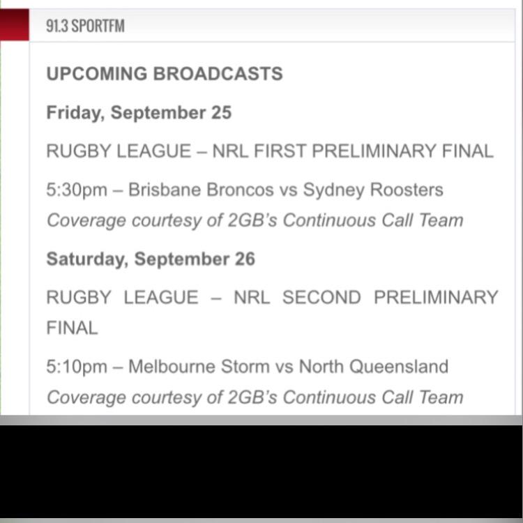 SullyLeagueTALK's tweet photo. All your NRL Preliminary Final's Action Live on SportFM 91.3!! @warugbyleague @913sportfm @riddell009 @marklevy2gb http://t.co/a910IXmOp7