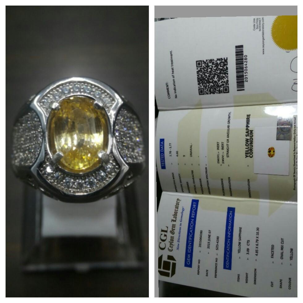 Batu : natural  yellow sapphire
Berat batu : 3.09ct
Warna : yellow
Treatment: no treatment
Origin: srilanka