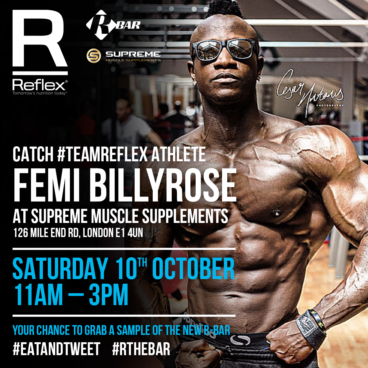 ReflexNutrition's tweet photo. Put the date in your diary @FemiBillyrose will be at @SuprememuscleE1 on 10th Oct. Pop in and sat hi =) #Samples http://t.co/aAXhjrciGD
