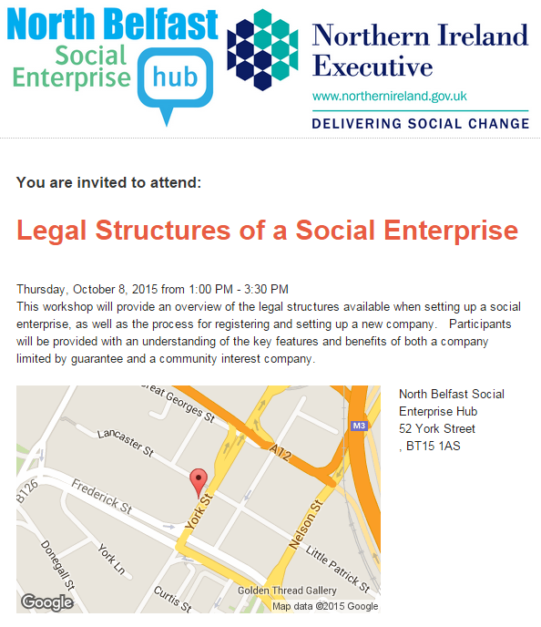 NBSEH's tweet photo. Workshop on Legal Structures of Social Enterprises on 8/10/15 from 1-3.30! Call to book a place on 02895609521 http://t.co/ySeGxAISx2
