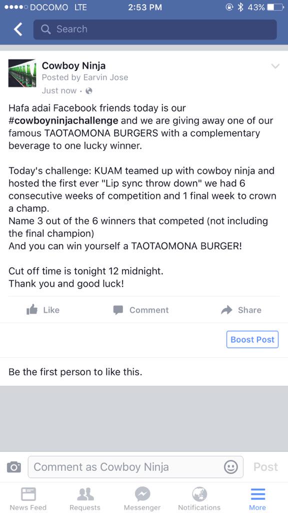 Go to our face book and give a shot at the #cowboyninjachallenge and you can win a free TAOTAOMONA burger!