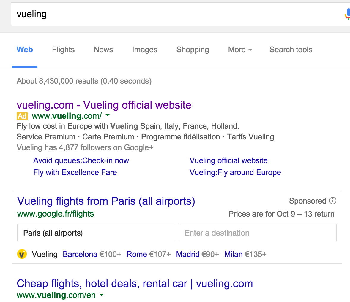 vhuguet's tweet photo. Recherche google sur la marque "Vueling" qui affiche google flights, c'est pas de la concurrence déloyale ça ? http://t.co/o73cqWPERP