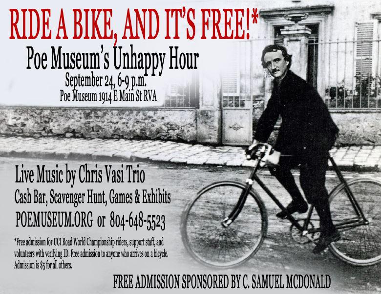 Looking to grab a drink Thursday? The <a href="/poemuseum/">The Poe Museum</a> Unhappy Hour is the spot. If you arrive on a bike you get in free!