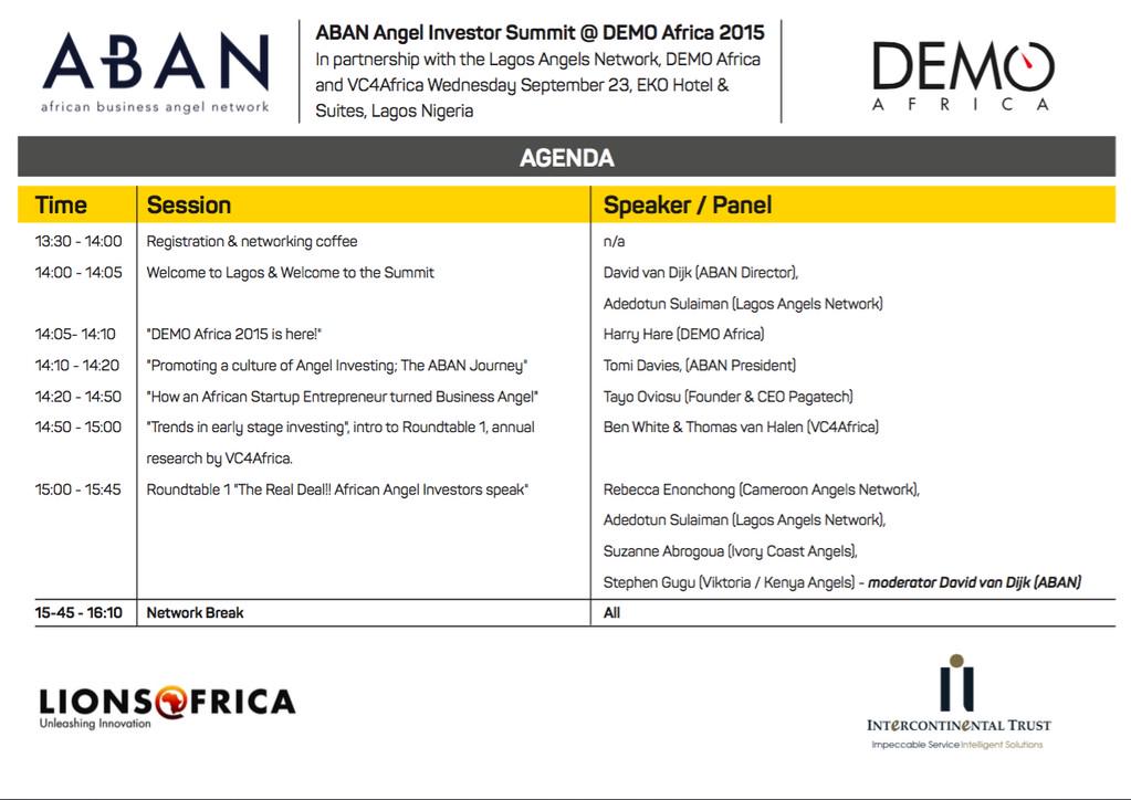 VC4A_Africa's tweet photo. @ABANAngels program: the 2nd Annual Angel Investor Summit #ABANSummit @DEMOAfrica @lionsafrica @EkoNetwork http://t.co/4BfardBH1U