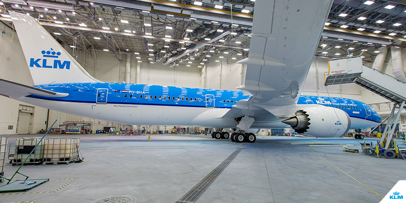 KLM's tweet photo. The first 787 Dreamliner in KLM livery! #workinprogress http://t.co/NzO1Mz4X1L