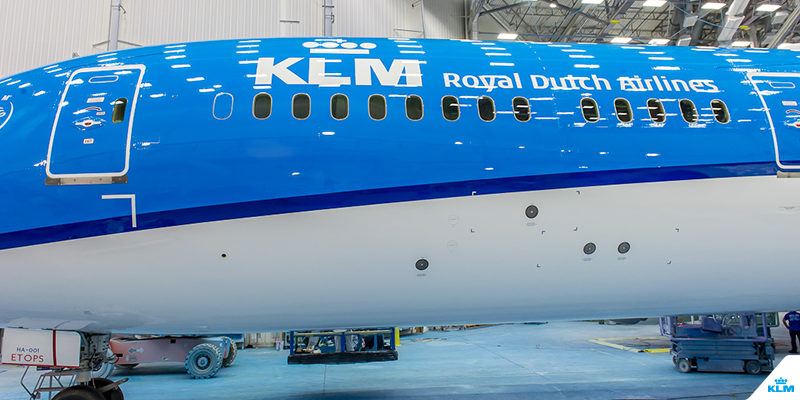 KLM's tweet photo. The first 787 Dreamliner in KLM livery! #workinprogress http://t.co/NzO1Mz4X1L