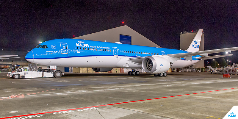 KLM's tweet photo. The first 787 Dreamliner in KLM livery! #workinprogress http://t.co/NzO1Mz4X1L