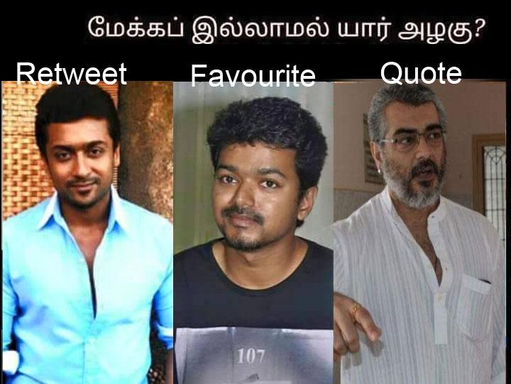 SuriyaFansWorld's tweet photo. Who is beautiful without makeup? #Suriya #Vijay #Ajith lets see who will win http://t.co/8RXzqPnQCc