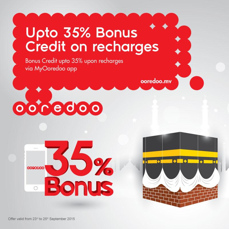 OoredooMaldives's tweet photo. Did we mention about #BonusCredit offer? Enjoy up to 35% bonus credit for recharges via #MyOoredoo App. #EidMubarak http://t.co/tvqvQzx8oV