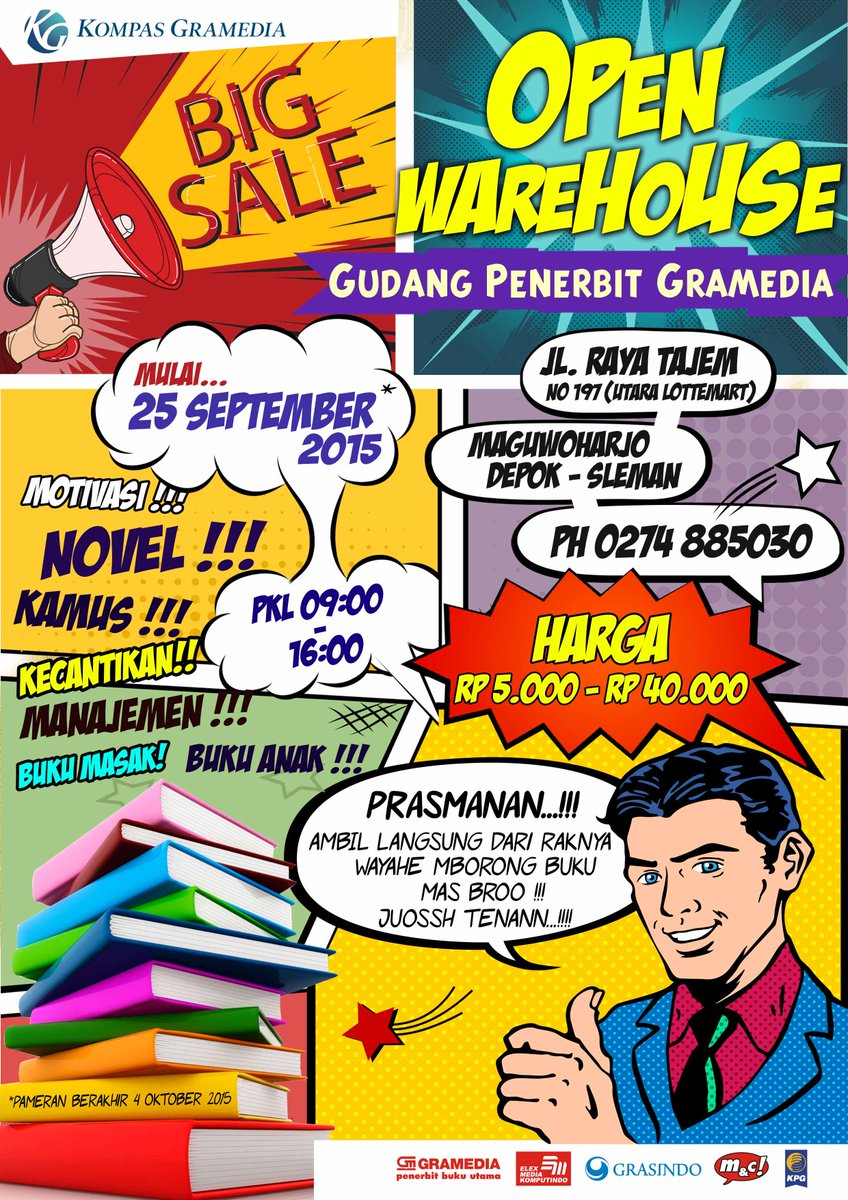 elexmedia's tweet photo. Info seru utk Booklover Yogya & sekitar, Pameran #OpenWarehouse http://t.co/blUsIJQNRm smp 4 Okt 2015 pk.09-16 #buku http://t.co/Zf85Flb66g
