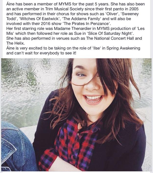 MYMS_Spring's tweet image. Next up in our cast: Playing the role of Ilse, the wonderful Áine Fox @rosefrankiefox #MYMSSpringAwakening