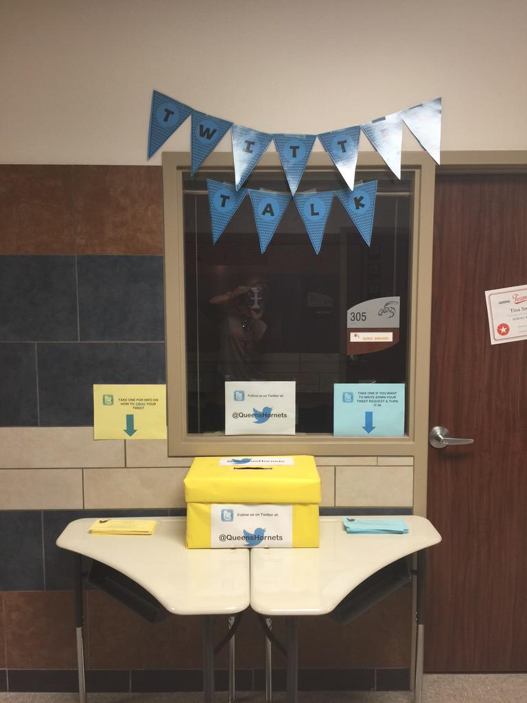 QueensHornets's tweet photo. #QueensIntermediate students & staff- Check out #TwitterTalk outside of room 305! Submit tweets for us to share! ππΌ http://t.co/fNRnxu8We1