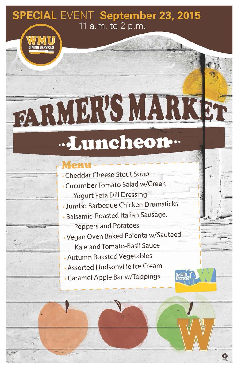 WMUDining's tweet image. Join us for our annual Farmer's Market Luncheon today in the dining halls and BC Cafe! #BeHealthyWMU #WMU #eatlocal