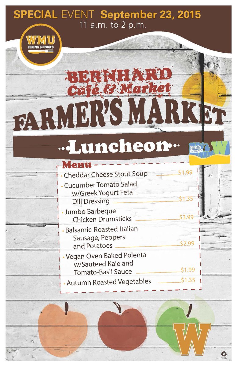 WMUDining's tweet image. Join us for our annual Farmer's Market Luncheon today in the dining halls and BC Cafe! #BeHealthyWMU #WMU #eatlocal