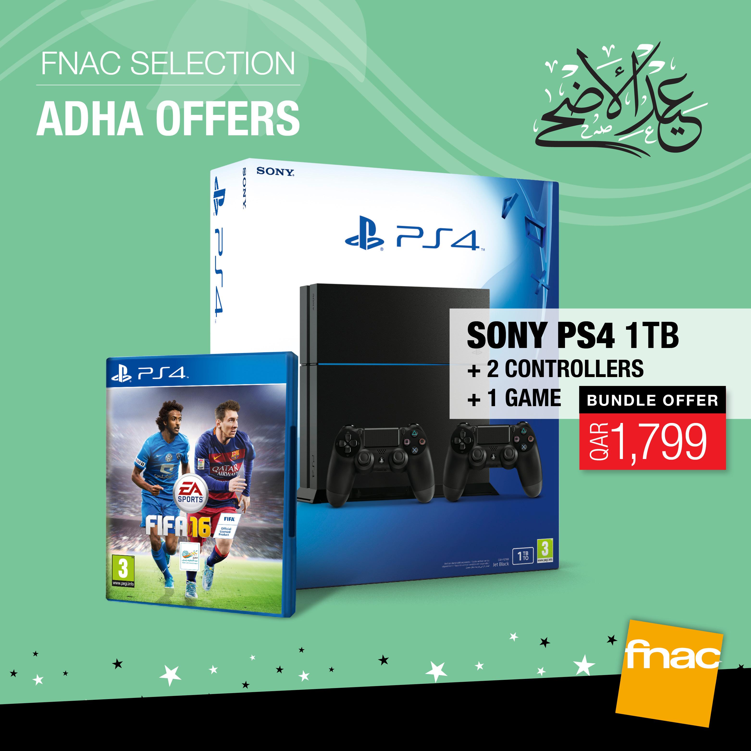 pasta Confuse parent Fnac Qatar on Twitter: "ADHA OFFER | SONY PS4 1TB + 2 Controllers + 1 Game  Bundle is now yours for QAR 1,799! #FnacQatar #LagoonaMall  http://t.co/JLYNMNgaNj" / Twitter
