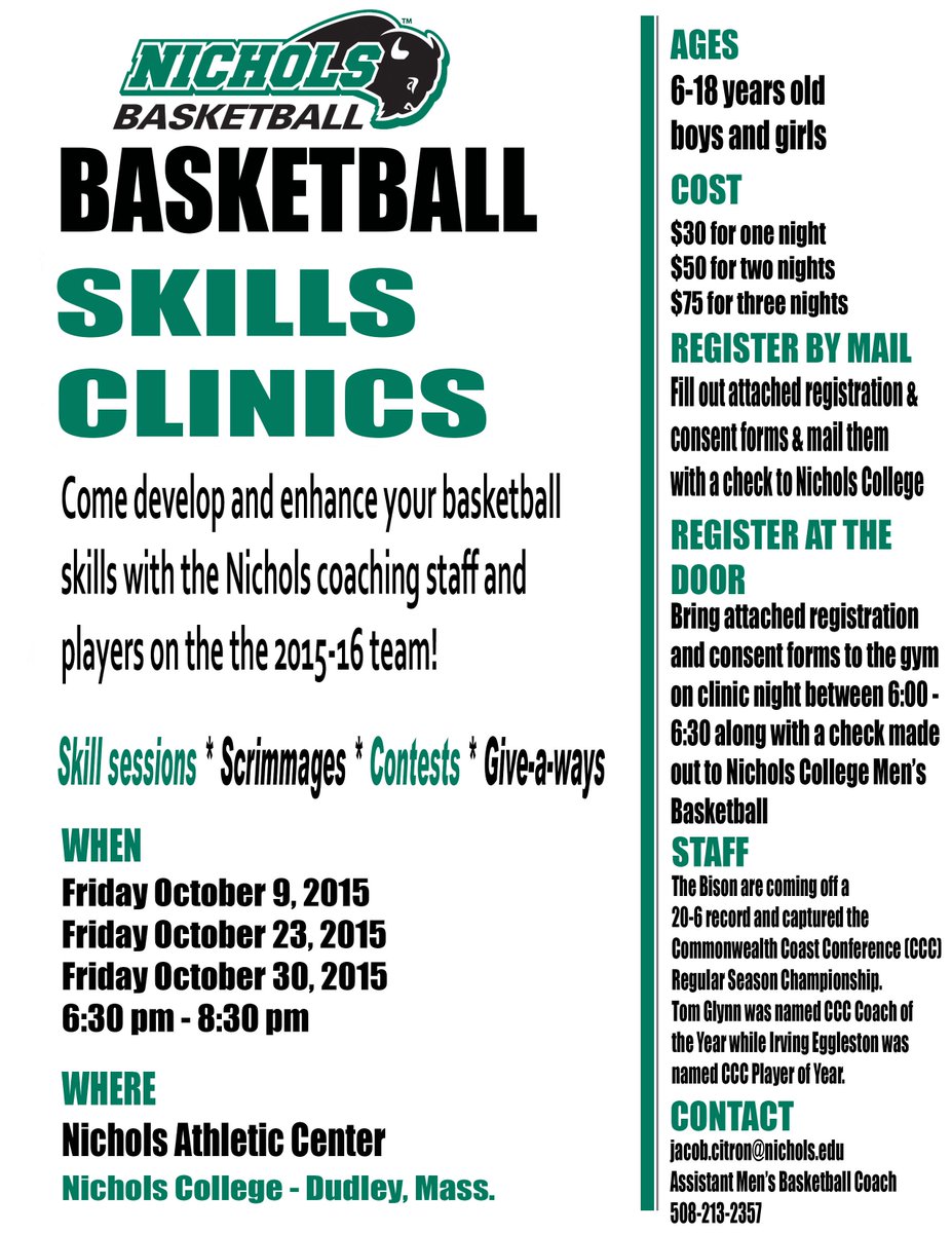 Nichols Basketball Youth Clinic!!! Email Coach Citron at jacob.citron@nichols.edu for the registration form!!