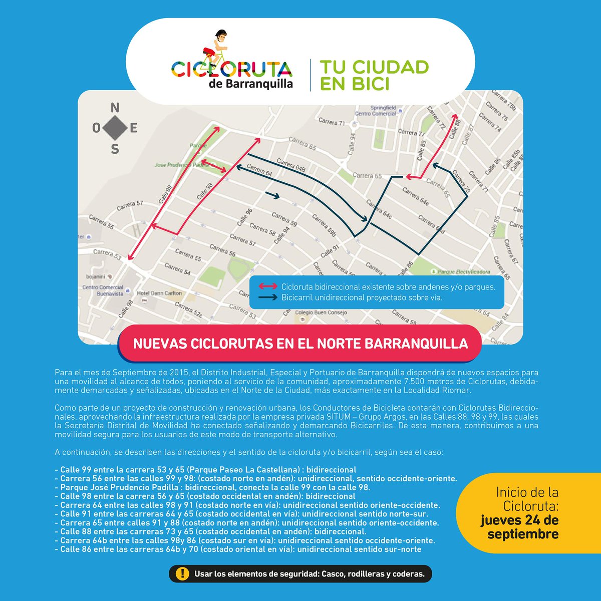 TransitoBaq's tweet image. Prepárate este 24 de septiembre inicia la cicloruta en el norte de Barranquilla. #CiclovíaBaq