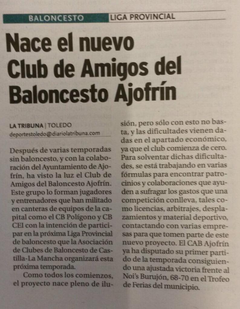 Basket_Ajofrin's tweet photo. Hoy salimos en @tribunadetoledo hablando de @APBCLM , @AsoBalToledoTOB y el torneo de Ferias de Burujón. http://t.co/Hr7bb0Wvyz