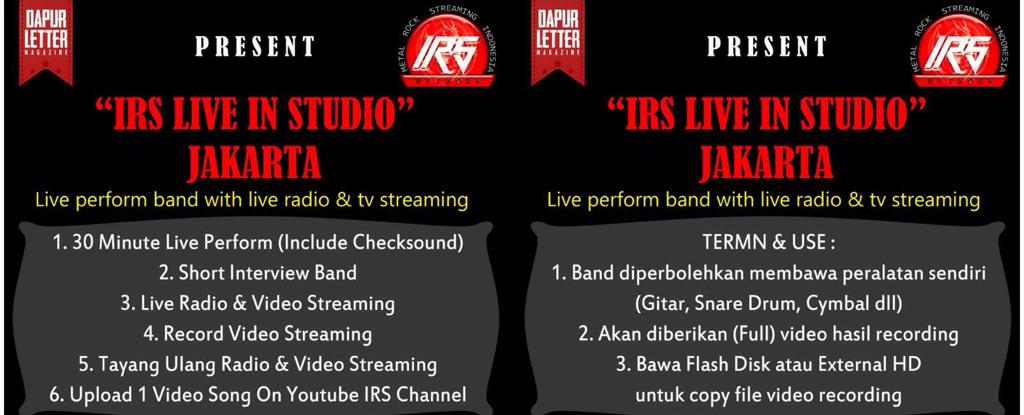 Kepada band2 yg mau ikutan #IRSradioShow Jakarta, atau lebih lanjutnya WA: 087787120028 @irsnetwork on air