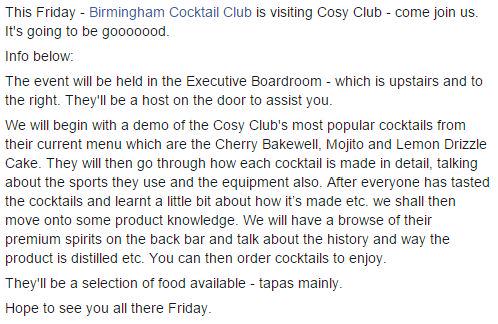 bhamcocktailclb's tweet photo. Cocktail Club this Friday at @CosyClubBrum - they'll be demos, food &amp; tasting. Come join us - http://t.co/J6yFES7WsE http://t.co/C8TCvI7aWs