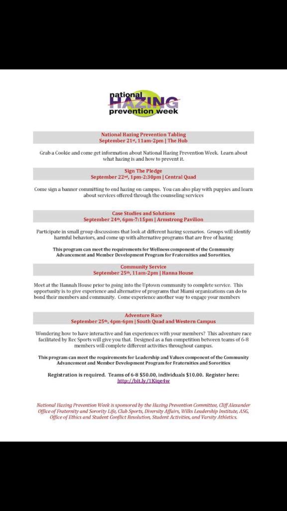 MU_Cultural's tweet photo. Check out #NationalHazingPreventionWeek participate in case studies tomorrow in @MiamiOH_ASC @ 6 #MUDontHaze http://t.co/5imCBQEVwL