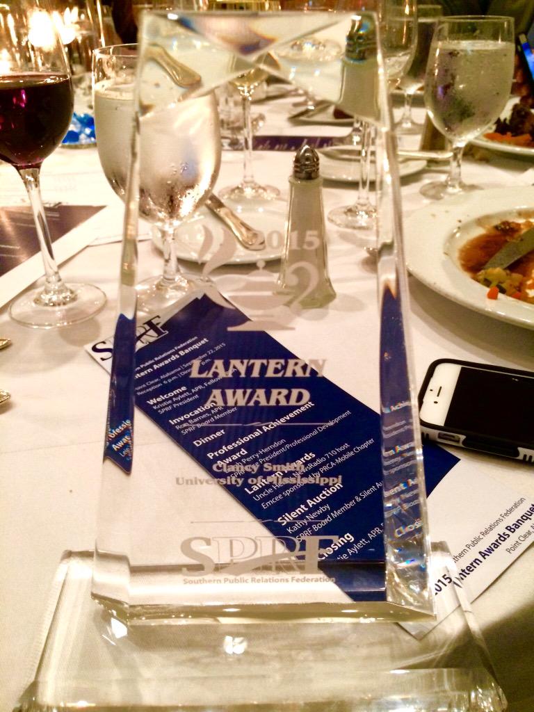 clancy_smith's tweet photo. Huge thank you to my friends at the @MississippiDOT for accepting my Lantern at the #sprf2015 banquet last night! http://t.co/o3NN0ZVSzF