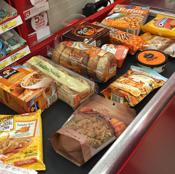 Target's tweet photo. You know it's the #FirstDayOfFall when your #TargetRun consists of pumpkin EVERYTHING. Way to go, @cwalsh321. http://t.co/2MDdZQQPQ3