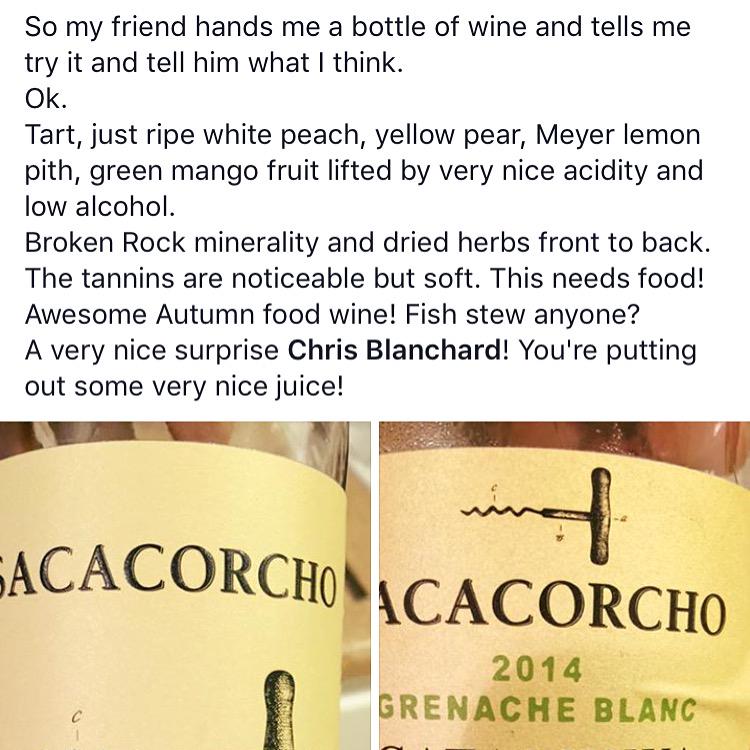 djvitamix's tweet photo. Thanks Mike Lee at La Taberna Napa for the words about my new Catalan Garnacha Blanca called Sacacorcho! http://t.co/kxBittdet5