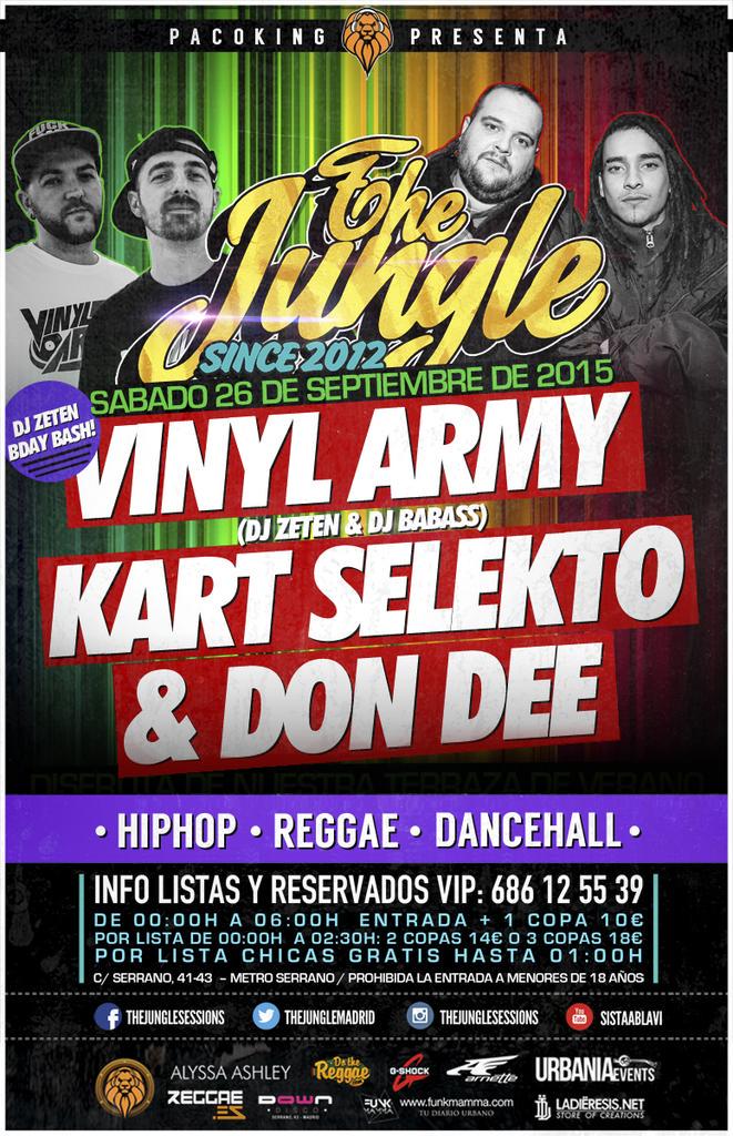 ClubPromoterMAD's tweet photo. Saturday September 26st: @TheJungleMadrid 
Music//entertainment: @VinylarmyCrew &amp; @KARTSELEKTO + @Buffleman (Don Dee) http://t.co/AHWXlSB8yi