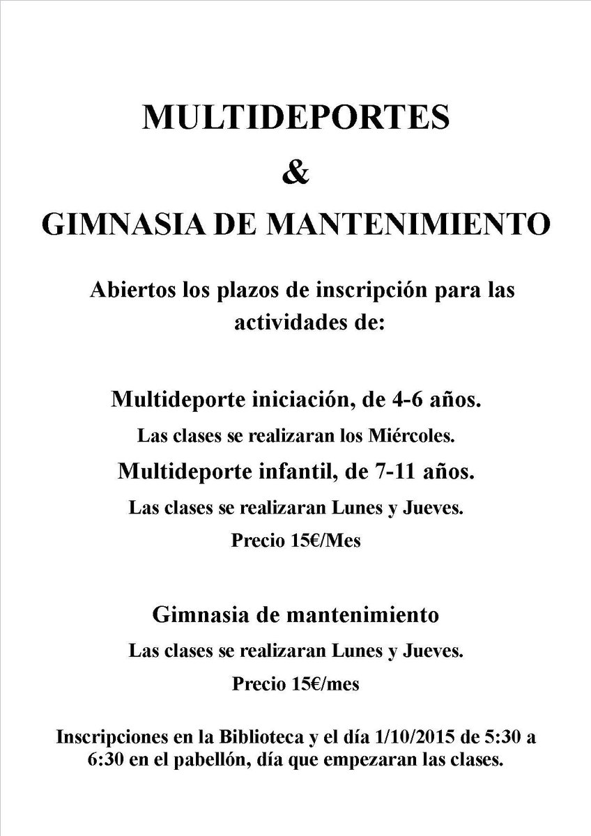 Abiertos los plazos de inscripción para Multideporte y Gimnasia de Mantenimiento.