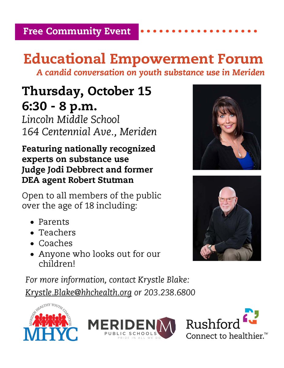 RushfordPrevent's tweet photo. Oct. 15th dynamic speakers coming to Meriden! a forum you will not want to miss! #DEA #stutman #MHYC http://t.co/wmTY79Kwtg