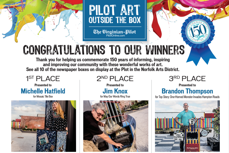 virginianpilot's tweet photo. Congratulations to the winners of @PilotNews' newspaper box design contest. Do you know any of the artists? #Pilot150 http://t.co/63IEHILHR8