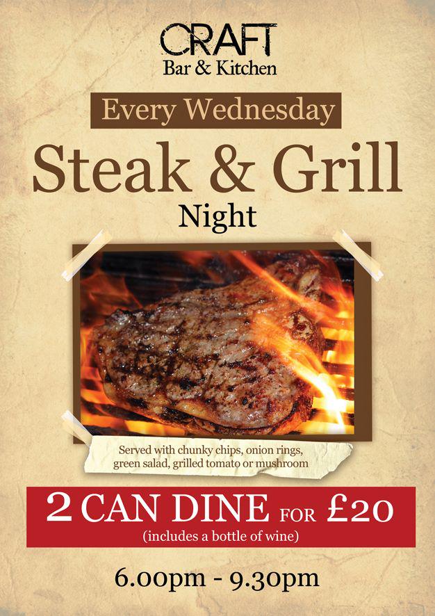 craftlincoln's tweet photo. Steak and Grill night every Wednesday at CRAFT. Two can dine with a bottle of wine for just £20 xx http://t.co/e7sab6R8Rm
