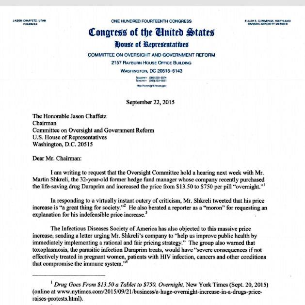 HellgrenWJZ's tweet photo. Letter from Maryland's @RepCummings asking for Congressional hearing on #Shkreli 5000% drug price hike @cbsbaltimore http://t.co/oUOEgAyBhS